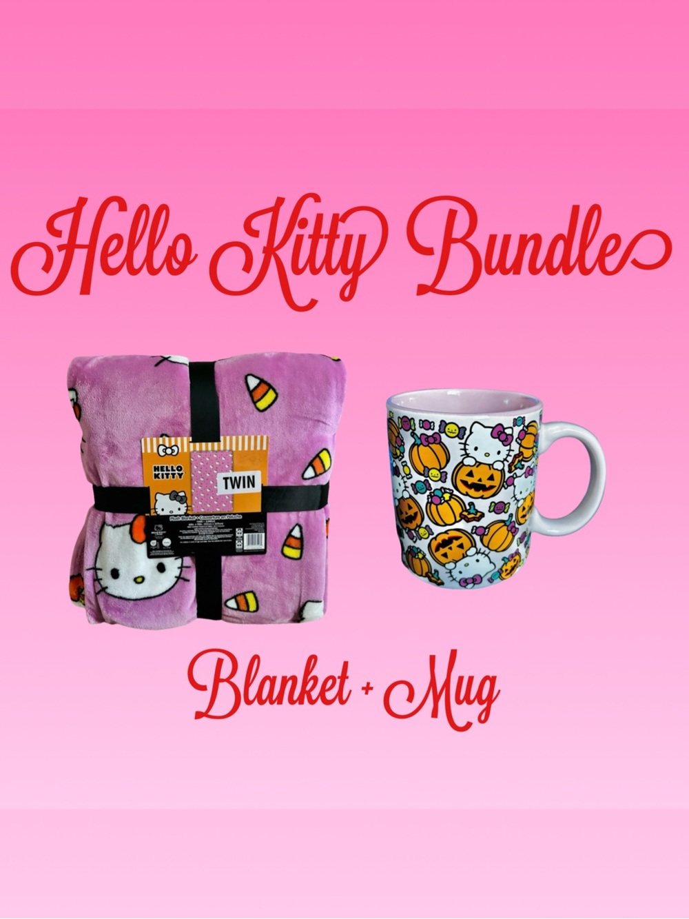 Hello Kitty Bundle ✨💗✨ Pink Halloween Throw Blanket + Mug